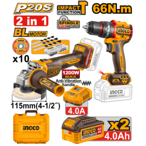 008278 COMBO 2 PCS INGCO- PARAFUSADEIRA 1/2 66NM + ESMERILHADEIRA 4.1/2 C/2 BAT 20V 4AH CKLI20273-9/20256-9