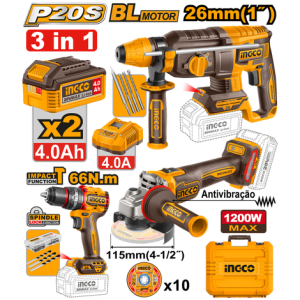 008330 COMBO 3 PCS INGCO - PARAFUSADEIRA 1/2 66NM + ESMERIL 4.1/2 + MARTELETE C/2 BAT 20V 4AH CKLI202598-9
