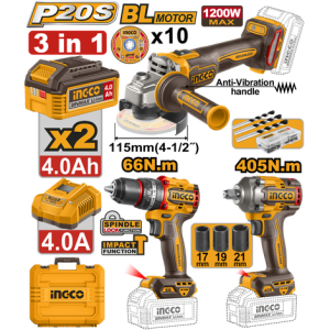 008280 COMBO 3 PCS INGCO - PARAF 66NM +CHAVE IMP 1/2P 405NM +ESM ANG 4.1/2 20V C/2 BAT 4AH CKLI20358-9