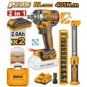 008277 COMBO 2 PCS INGCO - CHAVE IMPACTO 405NM 1/2POL 20V C/2 BAT 2AH + LANT LED COSLI23056-9