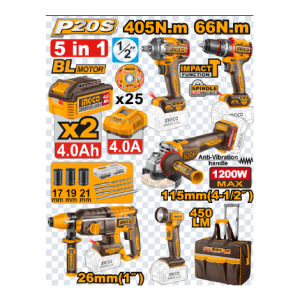 008420 COMBO 5 PCS INGCO - PARAF 1/2 66NM+CHAVE IMP 405NM+ESM ANG 4.1/2+ MART. 2.5J+ LANT C/2 BAT 4A CKLI20595-9