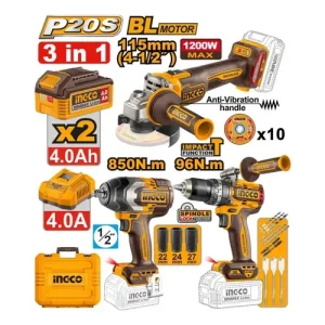 008559 COSLI251292-9 COMBO 3 PCS INGCO - PARAF. 1/2 96NM + CHAVE IMP 1/2P 850NM + ESM ANG 1200W C/2 BAT 4AH